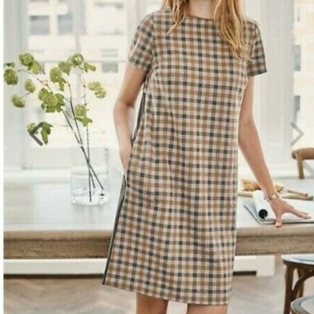J. Jill Plaid Short Sleeve Dress Pockets Modest Office Camel Multi Size XL